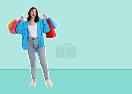 Photo for Pop art poster. Beautiful young woman with paper shopping bags on light blue background, pin up style - Royalty Free Image