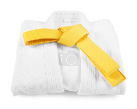 Photo for Yellow karate belt and kimono isolated on white - Royalty Free Image