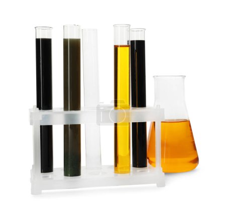 Photo for Test tubes and flask with different types of oil isolated on white - Royalty Free Image