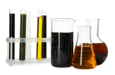 Photo for Beaker, test tubes and flasks with different types of oil isolated on white - Royalty Free Image