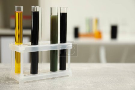 Photo for Test tubes with different types of crude oil on light grey table, space for text - Royalty Free Image
