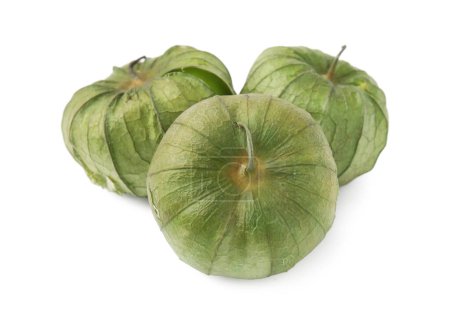 Tomatillos verts frais avec enveloppe isolée sur blanc
