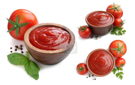 Photo for Collage of tasty ketchup in bowls, fresh tomatoes and spices isolated on white. Red sauce - Royalty Free Image