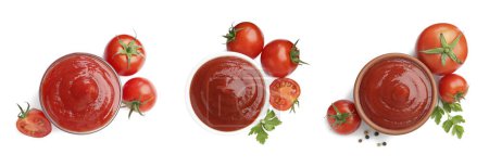 Photo for Collage of tasty ketchup in different bowls, fresh tomatoes and spices isolated on white, top view. Red sauce - Royalty Free Image