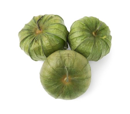 Tomatillos verts frais avec enveloppe isolée sur blanc, vue de dessus