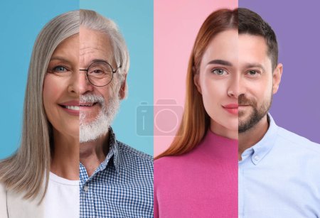 Männer und Frauen unterschiedlichen Alters mit farbigem Hintergrund. Collage mit Teilen der Fotos verschiedener Personen