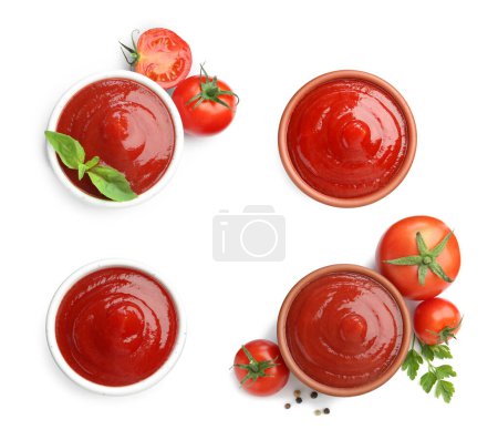 Photo for Collage of tasty ketchup in different bowls, fresh tomatoes and spices isolated on white, top view. Red sauce - Royalty Free Image