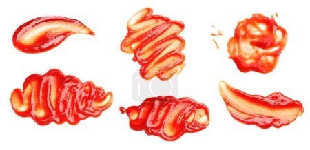 Photo for Set of tasty ketchup on white background, top view. Tomato sauce - Royalty Free Image
