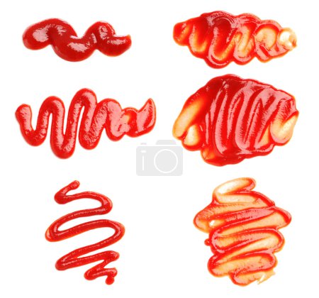 Photo for Set of tasty ketchup on white background, top view. Tomato sauce - Royalty Free Image