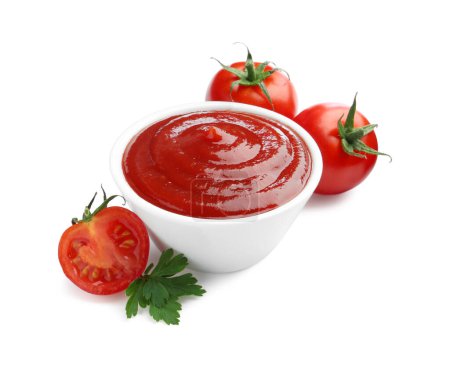 Photo for Tasty ketchup in bowl, parsley and fresh tomatoes isolated on white - Royalty Free Image