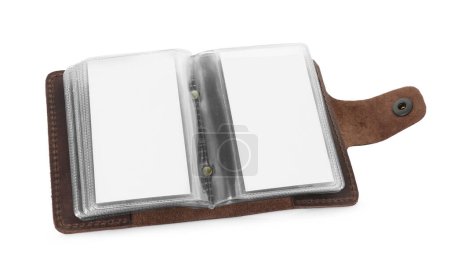 Leather business card holder with blank cards isolated on white