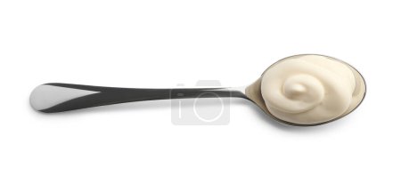 Yogur natural en cuchara aislado en blanco, vista superior