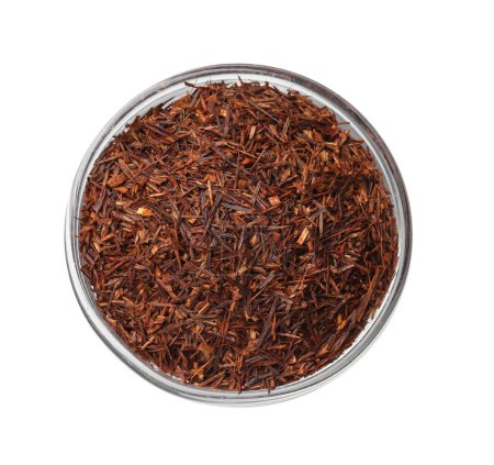 Rooibos tea in bowl isolated on white, top view