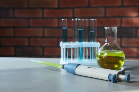 Photo for Laboratory analysis. Micropipette, flask and test tubes on grey table, space for text - Royalty Free Image