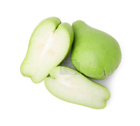 Photo for Cut and whole chayote isolated on white, top view - Royalty Free Image