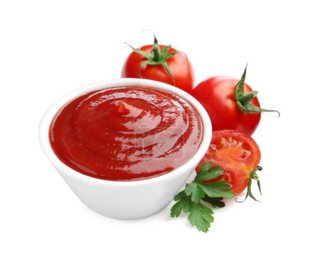 Photo for Tasty ketchup in bowl, parsley and fresh tomatoes isolated on white - Royalty Free Image