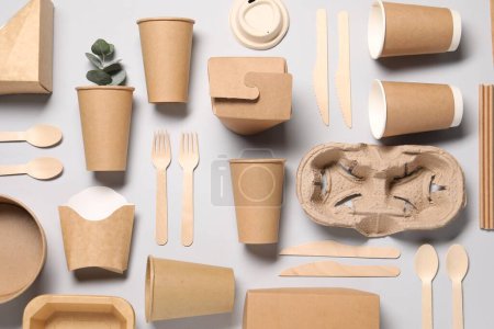 Flat lay composition with eco friendly food packagings and eucalyptus leaves on light grey background