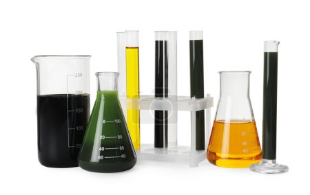 Laborgläser mit verschiedenen Arten von Rohöl isoliert auf weiß