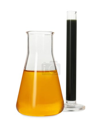 Photo for Test tube and flask with different types of oil isolated on white - Royalty Free Image