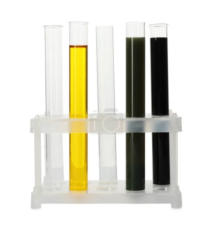 Téléchargez les photos : Tubes à essai avec différents types d'huile isolés sur blanc - en image libre de droit