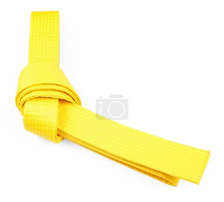 Yellow karate belt isolated on white. Martial arts uniform