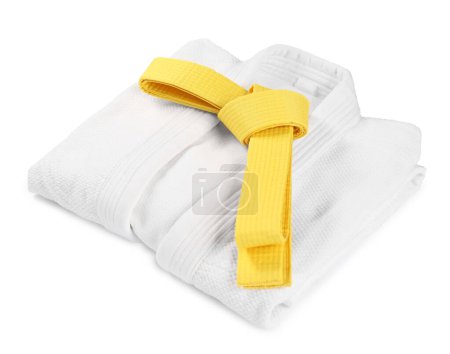 Photo for Yellow karate belt and kimono isolated on white - Royalty Free Image