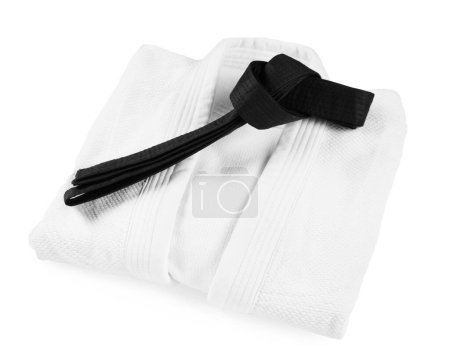 Black karate belt and kimono isolated on white