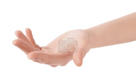 Woman holding hand on white background, closeup
