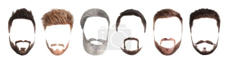 Foto de Diferentes peinados con barbas y bigotes aislados en blanco, conjunto - Imagen libre de derechos