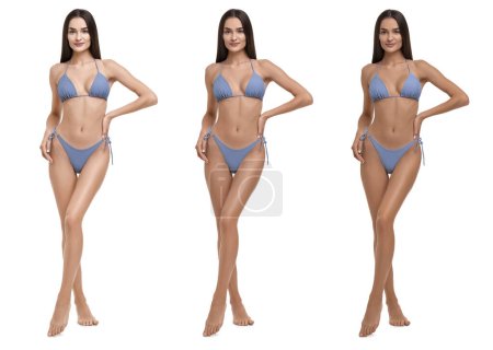 Foto de Solarium bronceado. Mujer en bikini con diferentes tonos de piel sobre fondo blanco, collage - Imagen libre de derechos