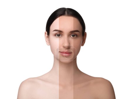 Foto de Solarium bronceado. Retrato combinado de mujer con diferentes tonos de piel sobre fondo blanco - Imagen libre de derechos
