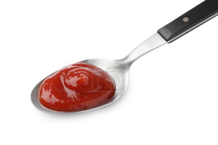 Photo for Tasty ketchup with spoon isolated on white. Tomato sauce - Royalty Free Image