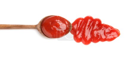 Photo for Tasty ketchup with wooden spoon isolated on white, top view. Tomato sauce - Royalty Free Image