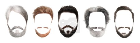 Foto de Diferentes peinados con barbas y bigotes aislados en blanco, conjunto - Imagen libre de derechos