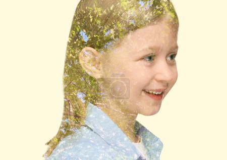 Photo for Double exposure of cute girl and green tree on light background - Royalty Free Image