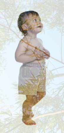 Photo for Double exposure of cute little child and green tree - Royalty Free Image