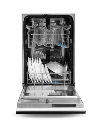 Modern dishwasher with clean tableware isolated on white. Home appliance