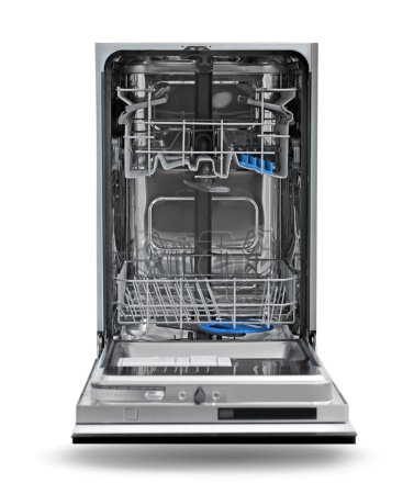 Empty modern dishwasher isolated on white. Home appliance