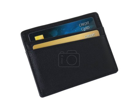Téléchargez les photos : Porte-carte noire avec cartes de crédit en plastique isolées sur blanc - en image libre de droit