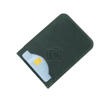 Leather card holder with plastic credit card isolated on white, top view