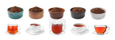 Foto de Montones de rooibos y tazas con té elaborado aislado en blanco, conjunto - Imagen libre de derechos