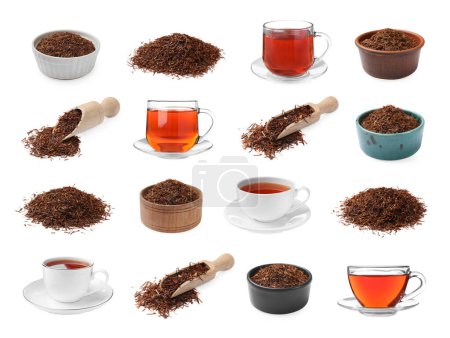 Heaps of rooibos and cups with brewed tea isolated on white, set