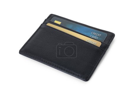 Téléchargez les photos : Porte-carte noire avec cartes de crédit en plastique isolées sur blanc - en image libre de droit