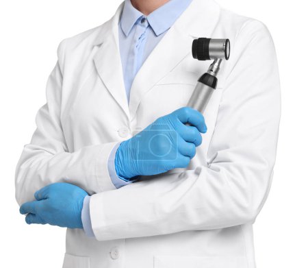 Téléchargez les photos : Dermatologist with dermatoscope isolated on white, closeup - en image libre de droit