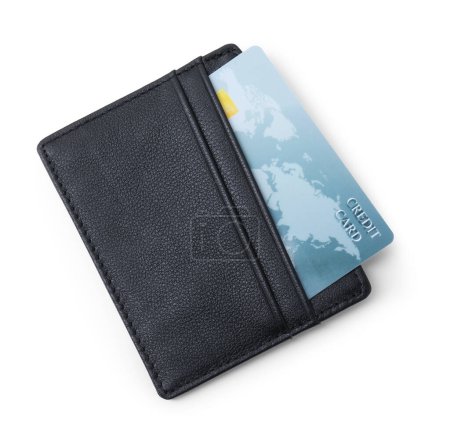 Téléchargez les photos : Porte-carte noire avec carte de crédit en plastique isolé sur blanc, vue de dessus - en image libre de droit