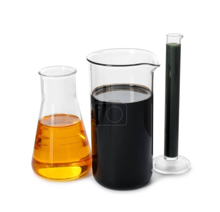 Photo for Beaker, test tube and flask with different types of oil isolated on white - Royalty Free Image