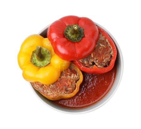 Photo for Delicious stuffed bell peppers isolated on white, top view - Royalty Free Image