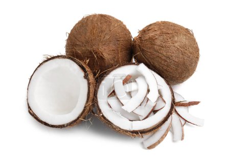 Kokosnussstücke und Nüsse isoliert auf weiß