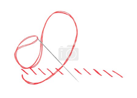 Sewing needle with thread and stitches isolated on white