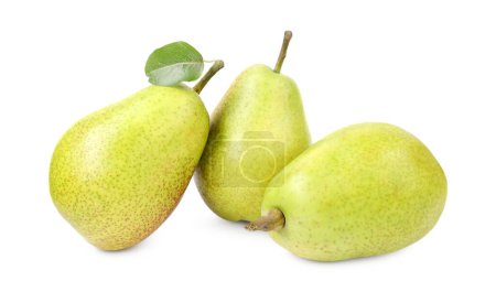 Photo for Tasty ripe pears with leaf on white background - Royalty Free Image